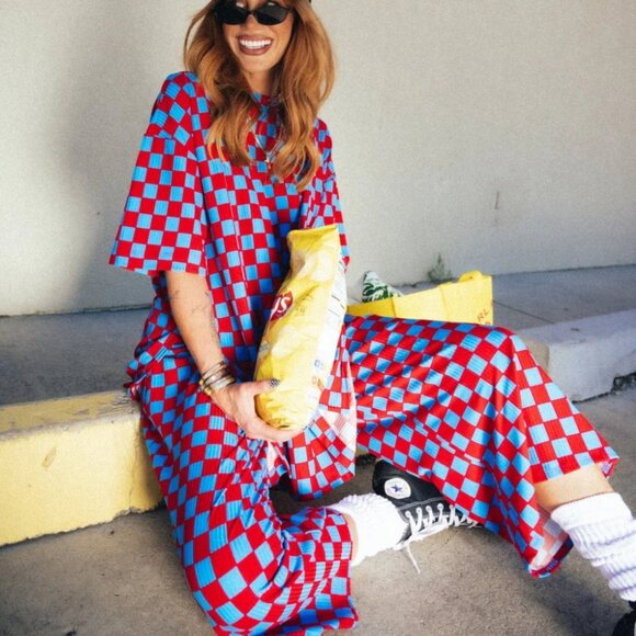 Dressed in LaLa Lex Ribbed Playsuit (pants only) in Red and Blue Check - Picture 1 of 6